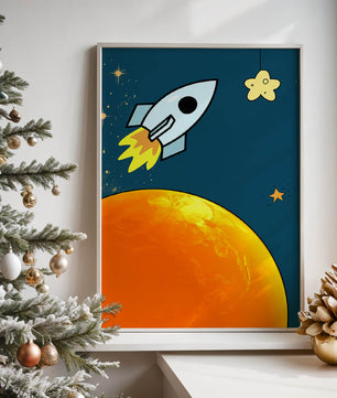 Cartoon Rocket in Space with Yellow Star - Mi tienda