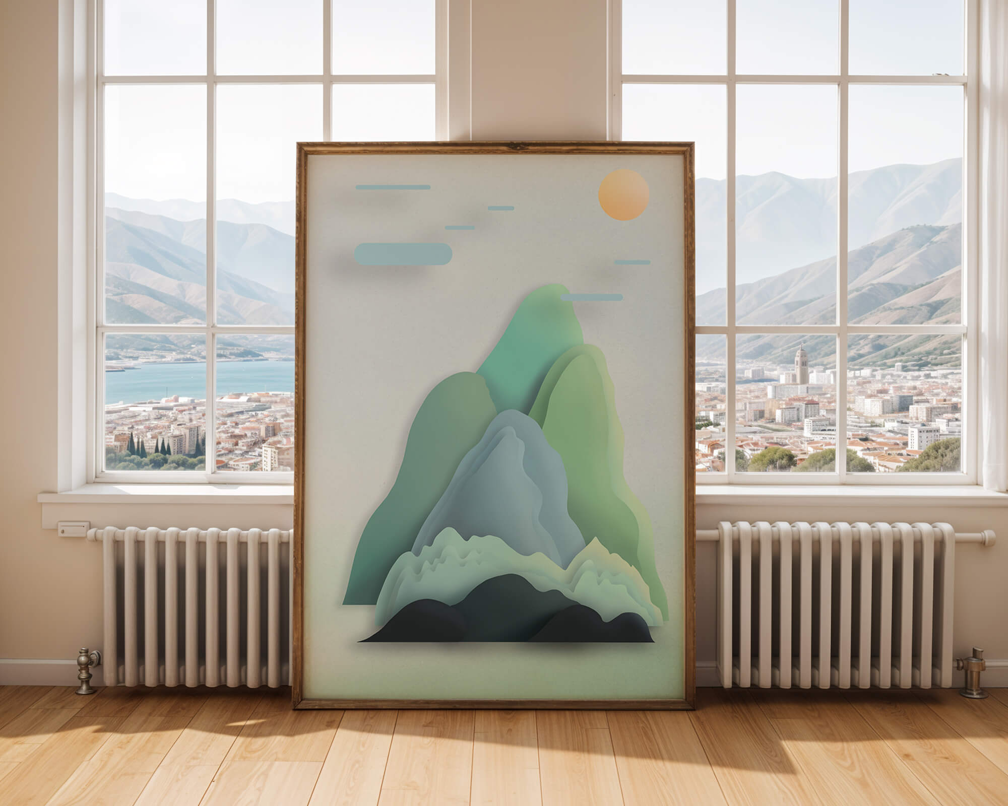 Minimalistic mountain landscape with vibrant colors and abstract layers