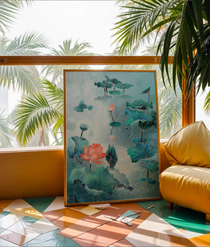 Paisaje acuático sereno con loto y nenúfares en estilo artístico