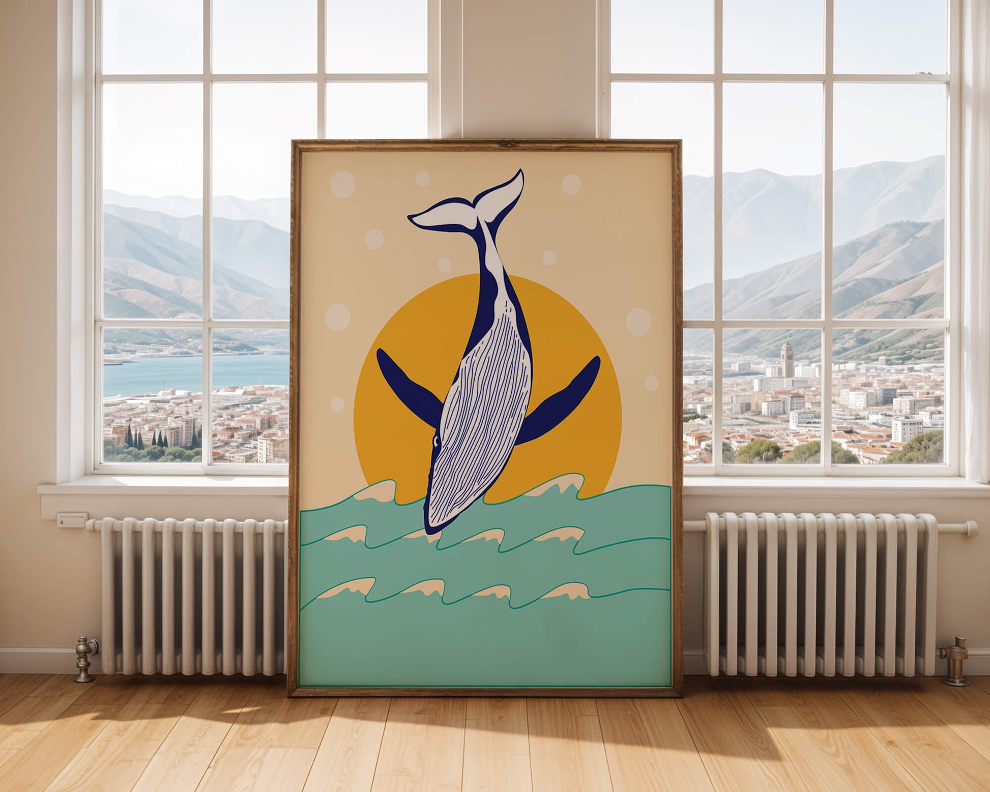 Illustration of a whale jumping over waves with sun backdrop