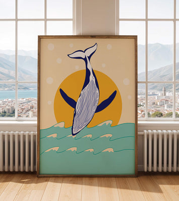 Illustration of a whale jumping over waves with sun backdrop