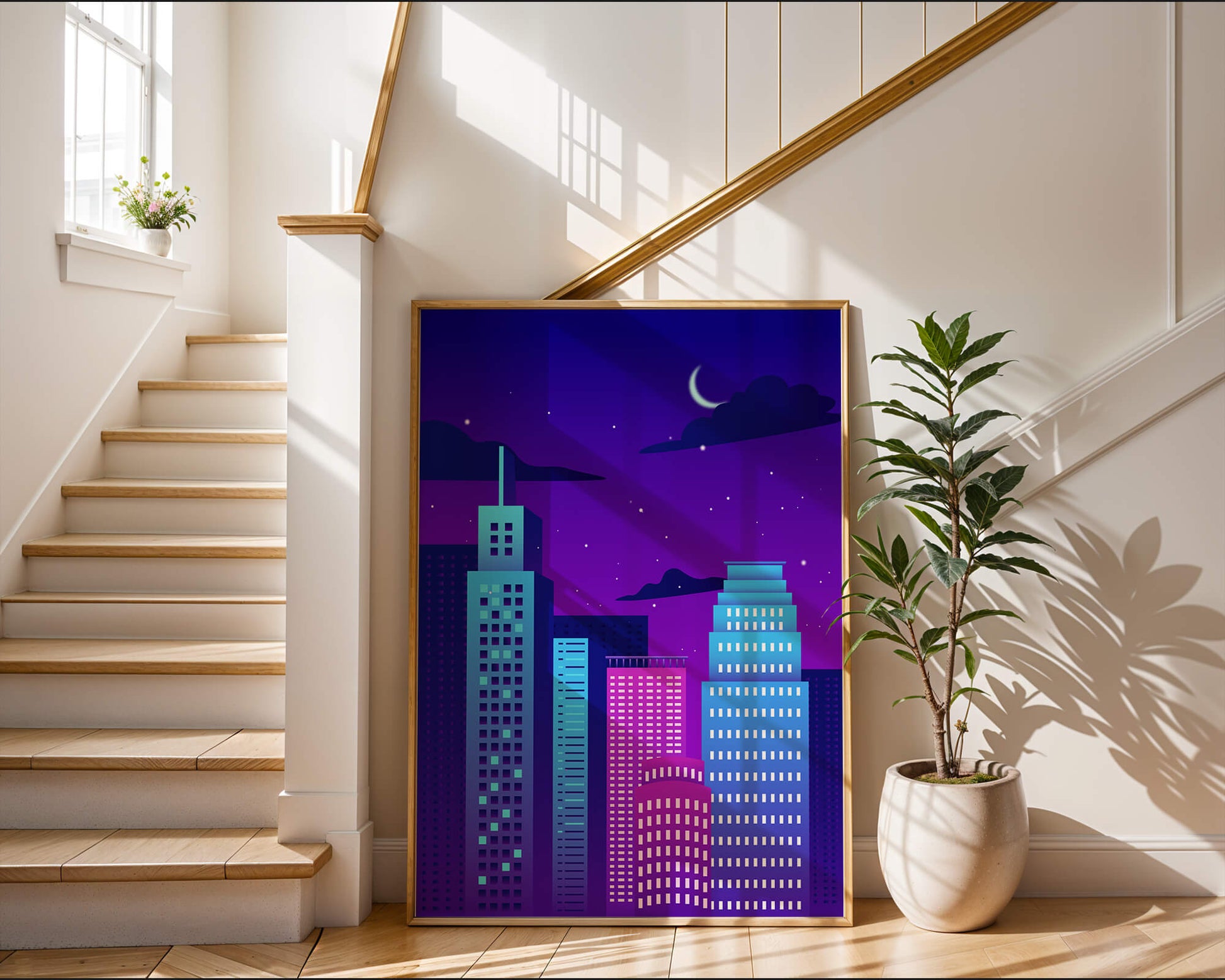 Vibrant city skyline at night with modern skyscrapers and starry sky