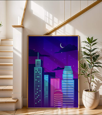 Vibrant city skyline at night with modern skyscrapers and starry sky