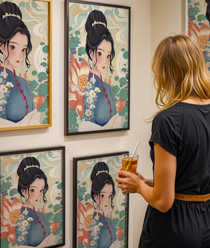 Una mujer elegante con vestido tradicional oriental con patrones florales y flores de loto