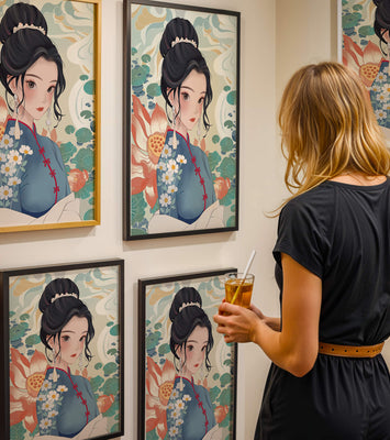 An Elegant Woman in Traditional Oriental Dress with Floral Patterns and Lotus Flowers