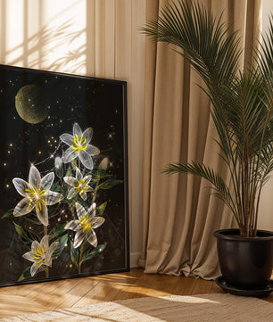 Floral Night Scene with Luminous Flowers and Golden Moon
