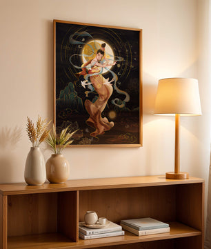 Elegant celestial dancer with gold elements in an ethereal fantasy scene