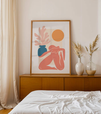 Abstract Nude Figure with Vase and Sun in Minimalist Style