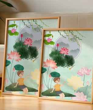 Serene illustration of a child in a lotus garden with vibrant flora