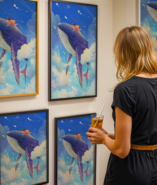 Illustration onirique d'une fille chevauchant une baleine à travers le ciel