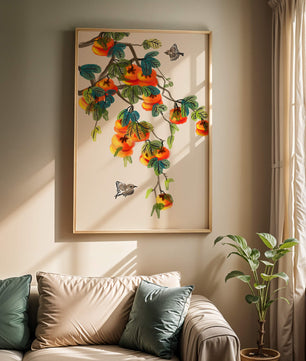 Branch with vibrant persimmons and birds illustration