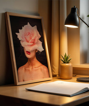 Woman with a Rose Head and Red Lips on a Dark Background - Mi tienda