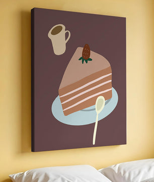 Ilustración de una porción de pastel con fresa y café