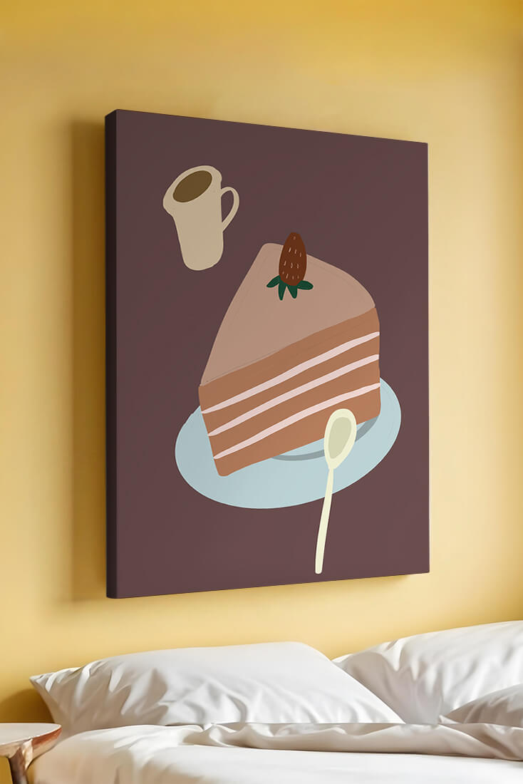 Illustration of a cake slice with strawberry and coffee