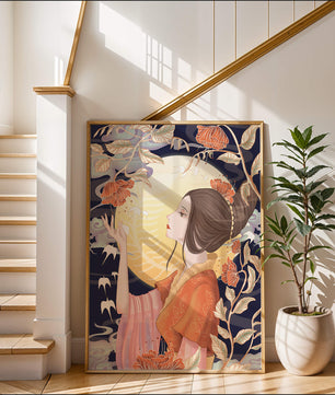 Illustration élégante d'une femme avec des éléments floraux sous la lumière de la lune