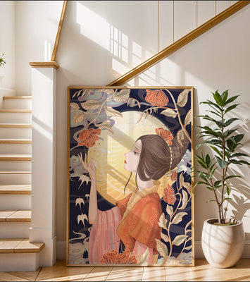 Elegant illustration of a woman with floral elements under the moonlight