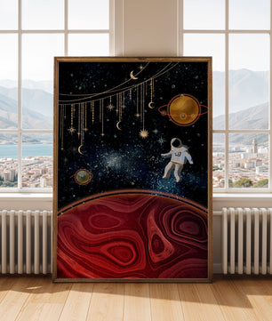Escena espacial surrealista con astronauta y elementos celestiales