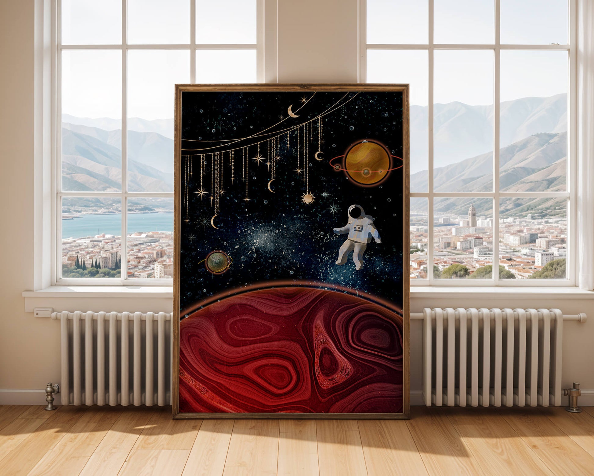Surreal space scene with astronaut and celestial elements