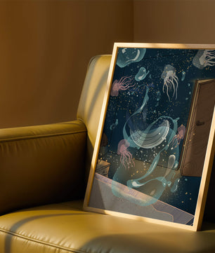 Tema de cuarto submarino con medusas y una puerta