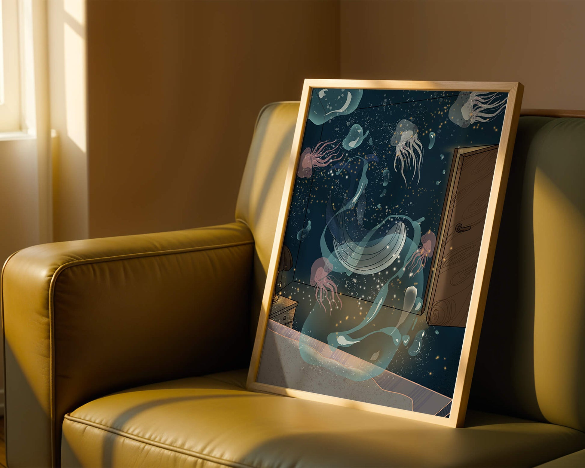 Underwater-themed room with jellyfish and a door