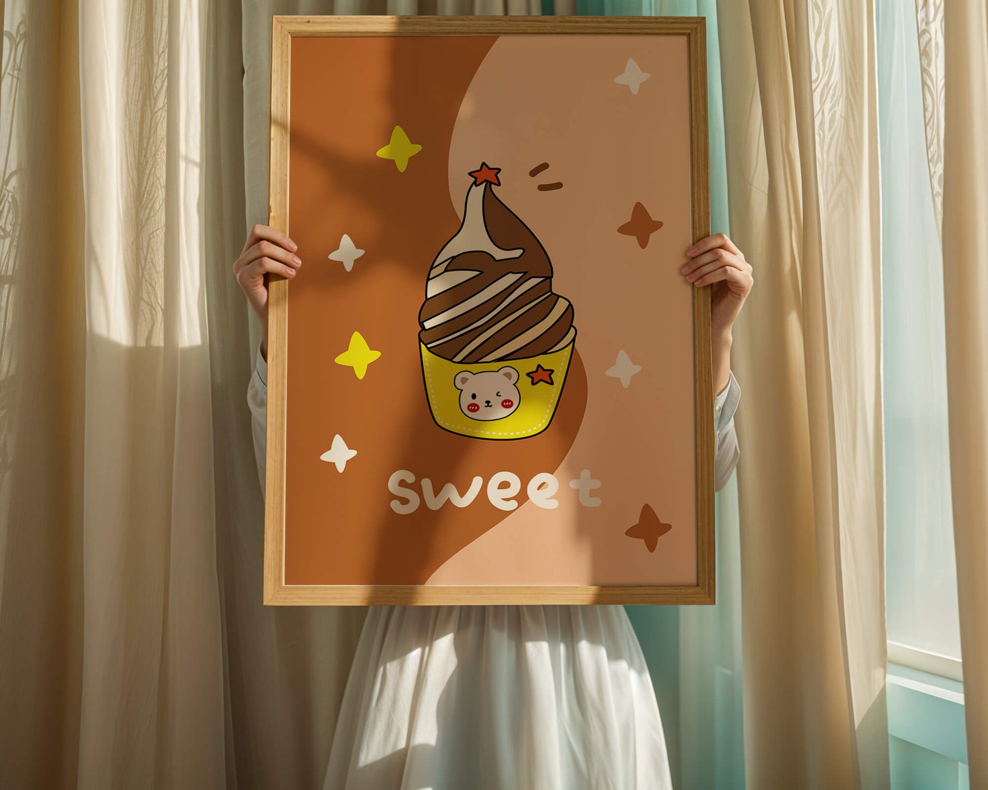 Adorable ice cream design with kawaii bear and colorful background