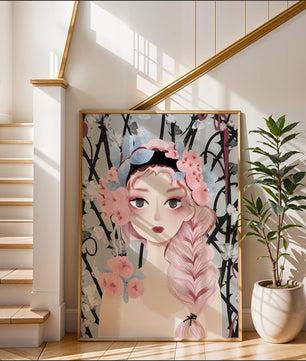 Ilustración caprichosa de una chica con cabello rosa y corona floral