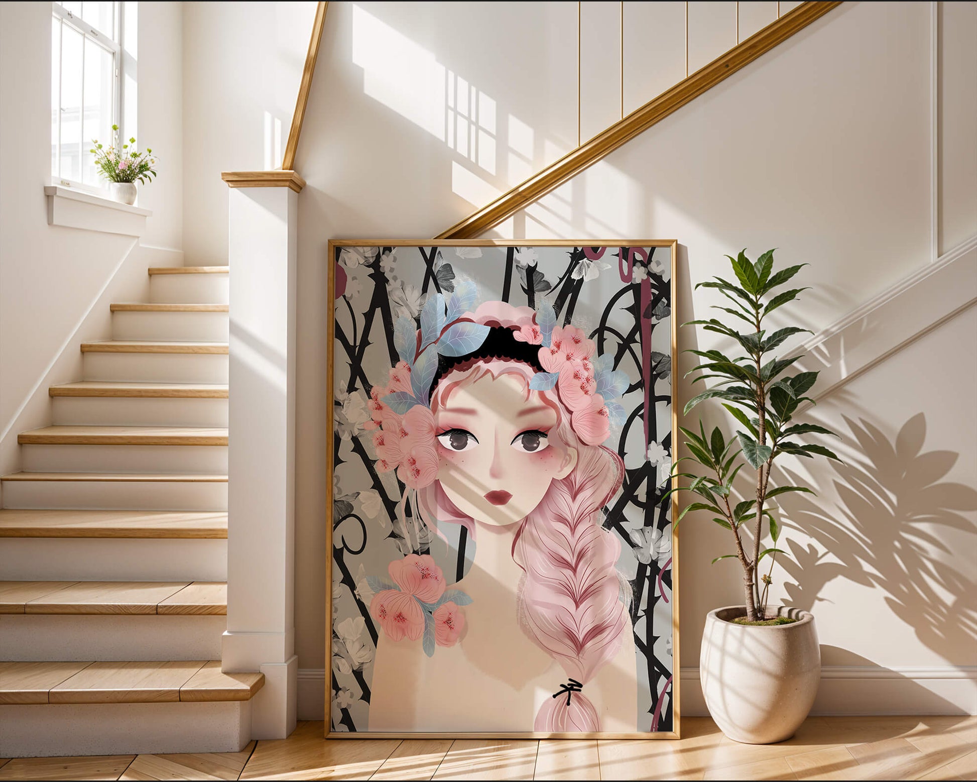 Whimsical illustration of a girl with pink hair and floral crown