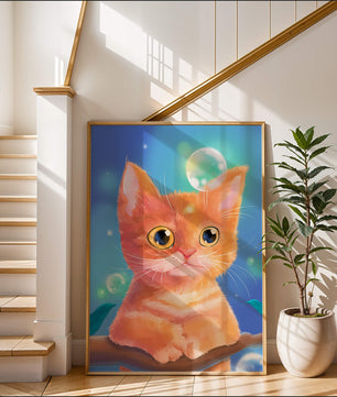 Adorable orange kitten illustration with bubbles and a colorful background