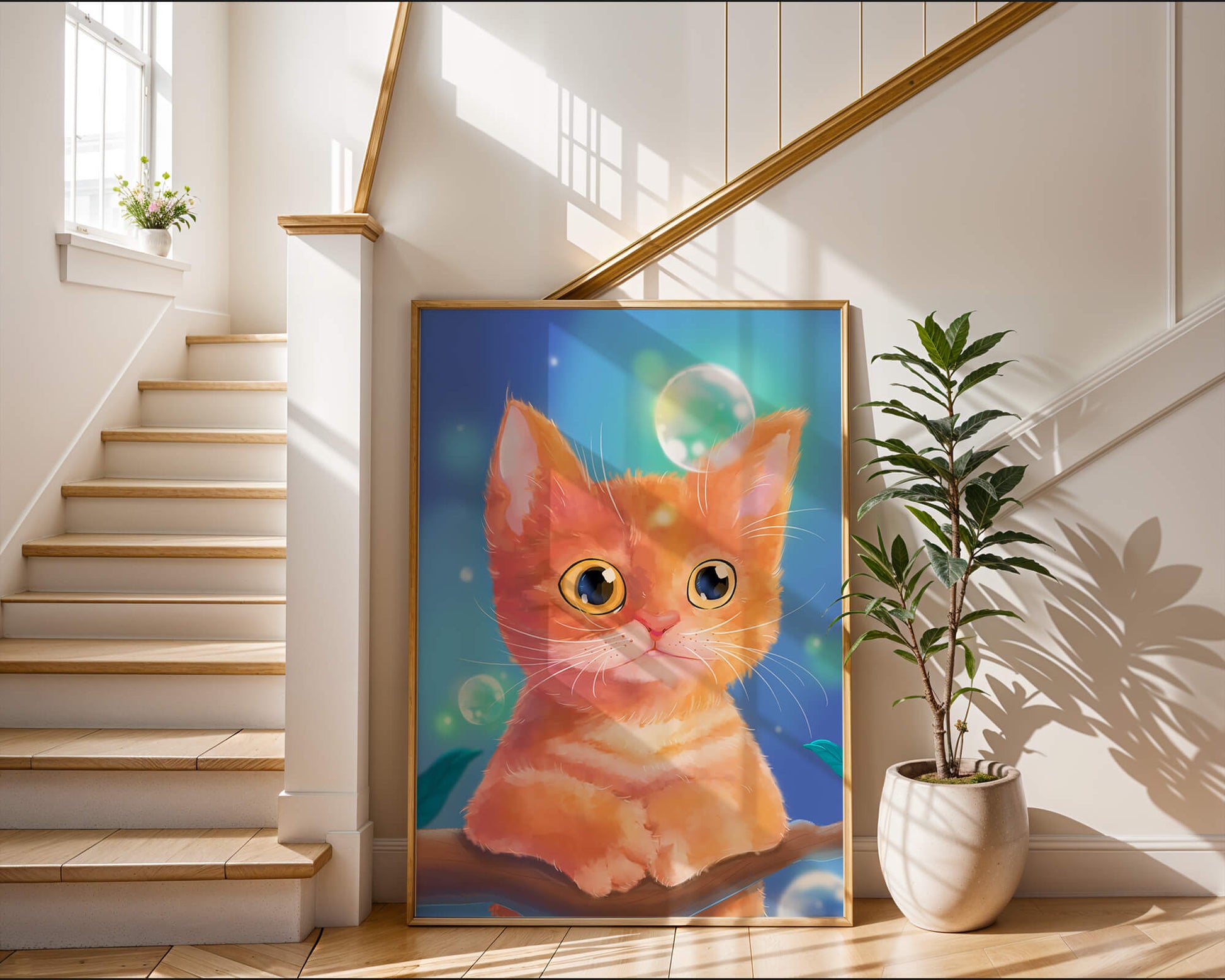 Adorable orange kitten illustration with bubbles and a colorful background