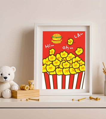 Playful illustration of popcorn and burger characters on a red background