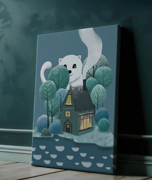 Skurrile Illustration eines gemütlichen Hauses, umgeben von Bäumen und einem freundlichen Wesen