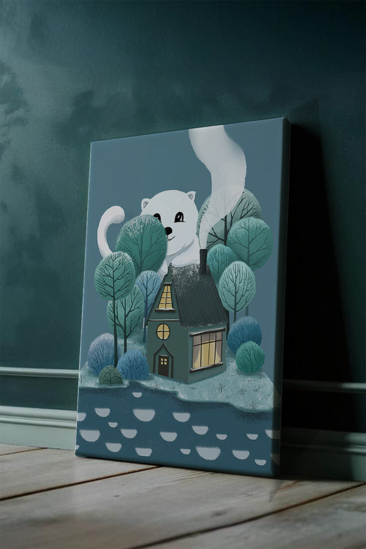 Skurrile Illustration eines gemütlichen Hauses, umgeben von Bäumen und einem freundlichen Wesen