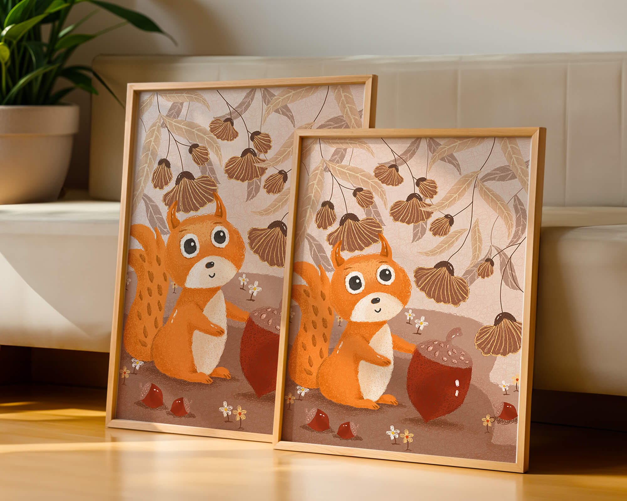 Orange Squirrel with Acorn in Autumn Forest