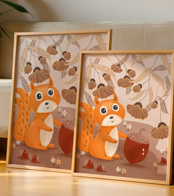 Orange Squirrel with Acorn in Autumn Forest