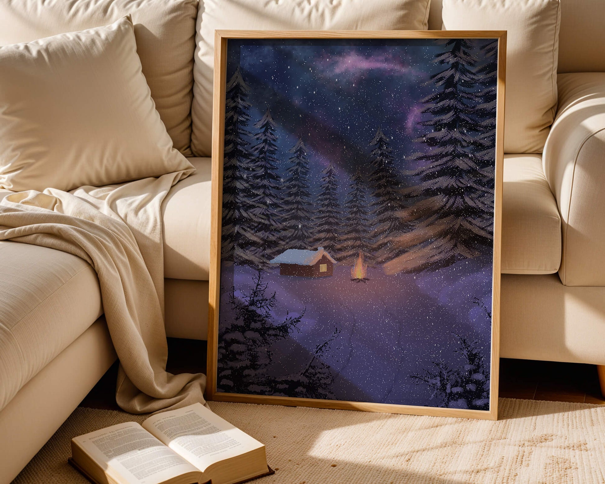 Winter night landscape with snowy cabin and pine forest