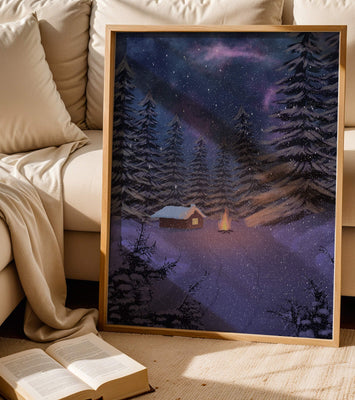 Winter night landscape with snowy cabin and pine forest