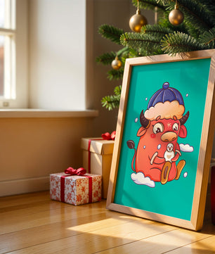 Winter cow cartoon with snowman on turquoise background