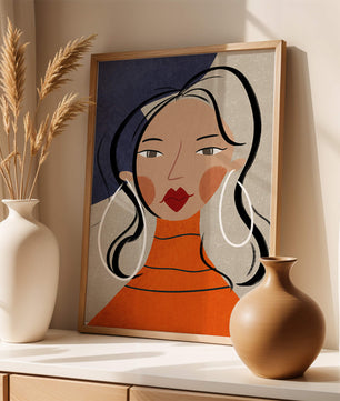 Colorful abstract portrait featuring a woman with red lips and hoop earrings on textured background - Mi tienda