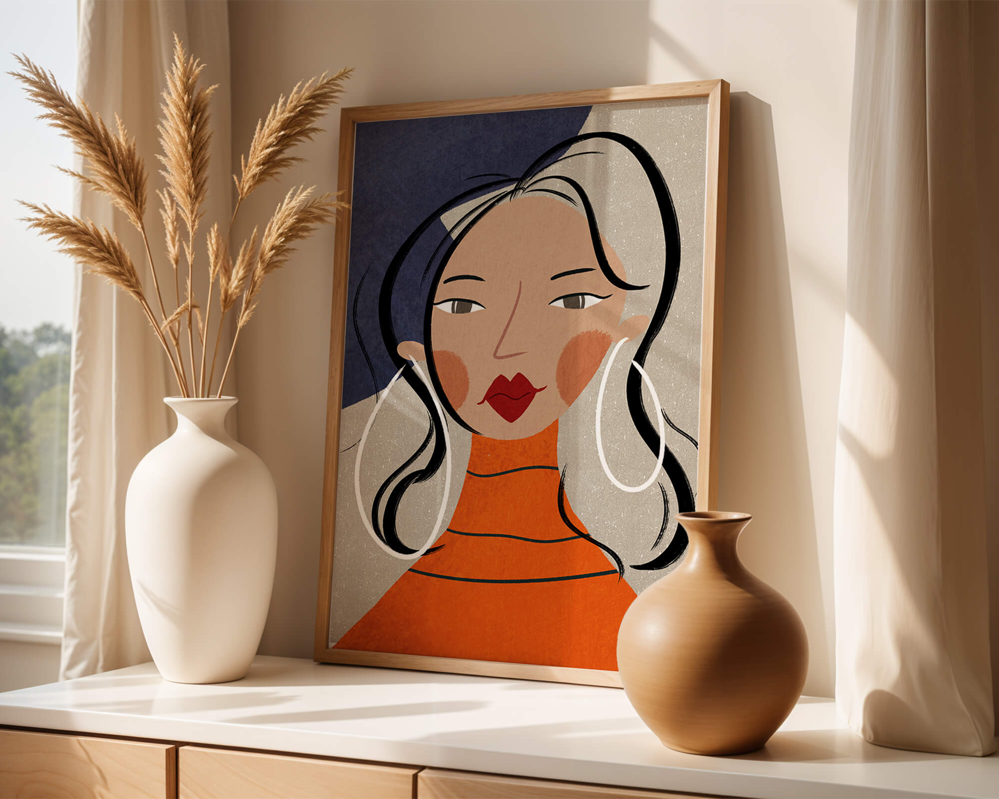 Colorful abstract portrait featuring a woman with red lips and hoop earrings on textured background - Mi tienda