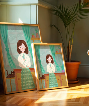Charming Illustration of Woman and Cat in Cozy Living Room