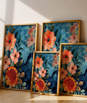 Vibrant floral watercolor design with orange blossoms and blue background