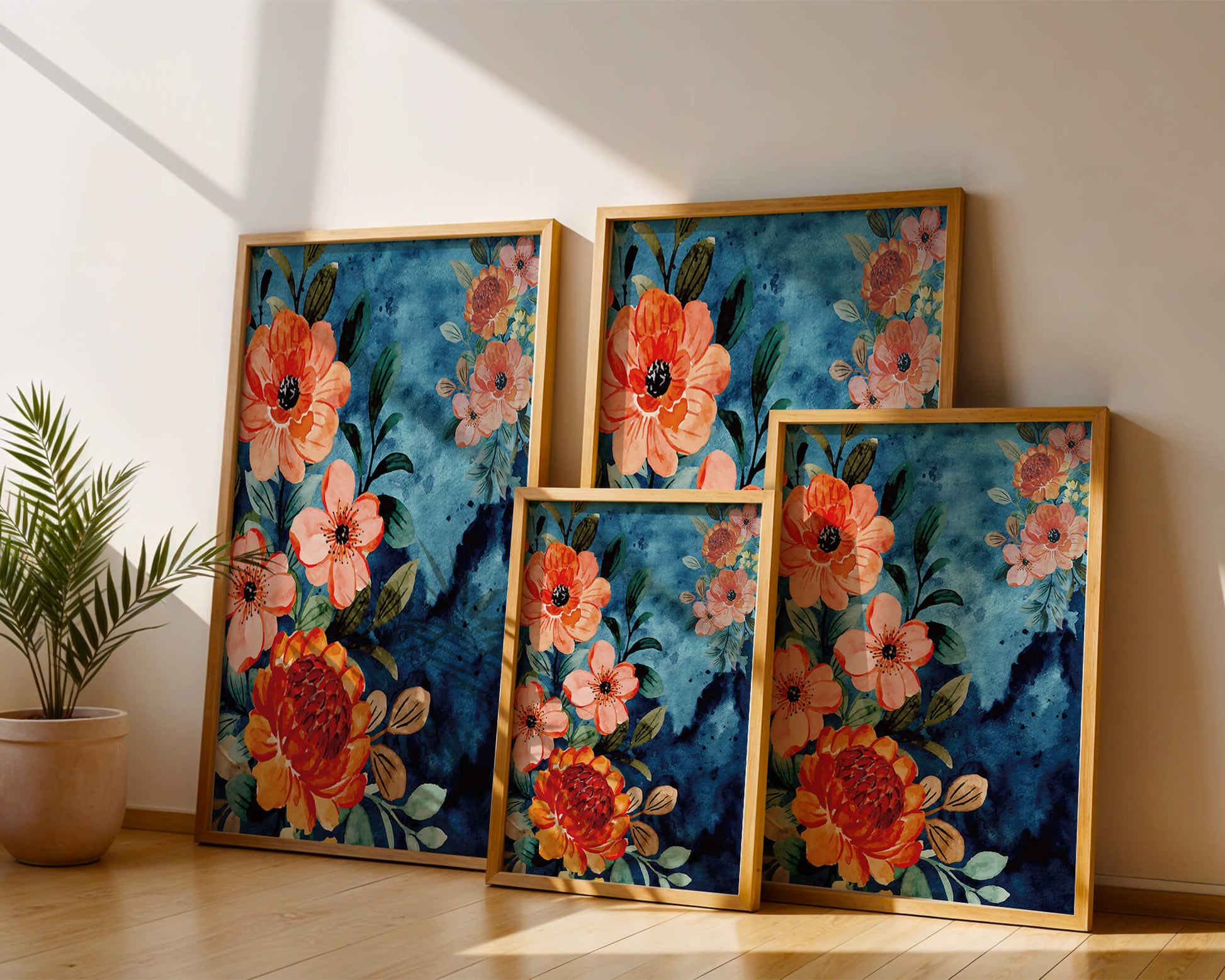 Vibrant floral watercolor design with orange blossoms and blue background