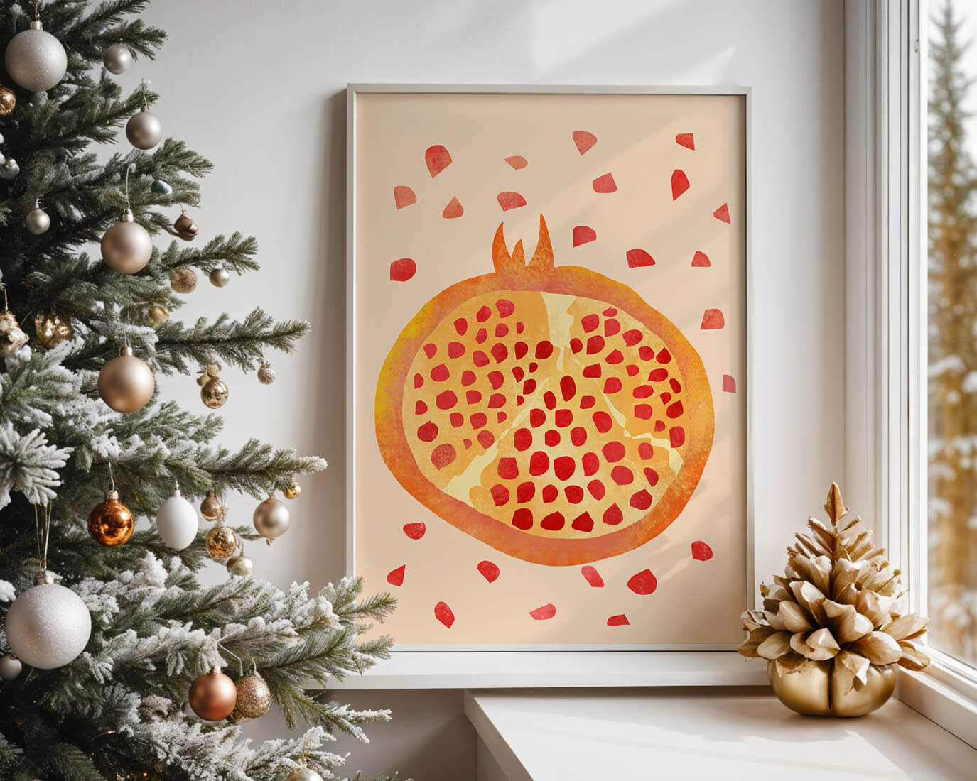 Colorful abstract pomegranate illustration with scattered seeds