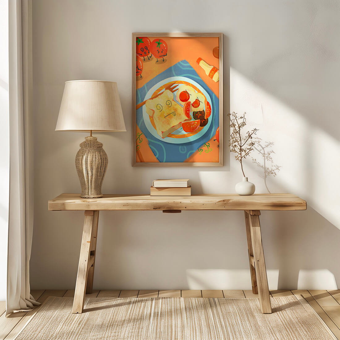 Desayuno caprichoso con tomates animados y tostadas en un plato brillante