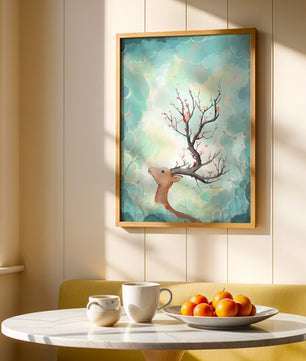 Ciervo surrealista con ramas como cuernos sobre fondo nublado en tonos pastel