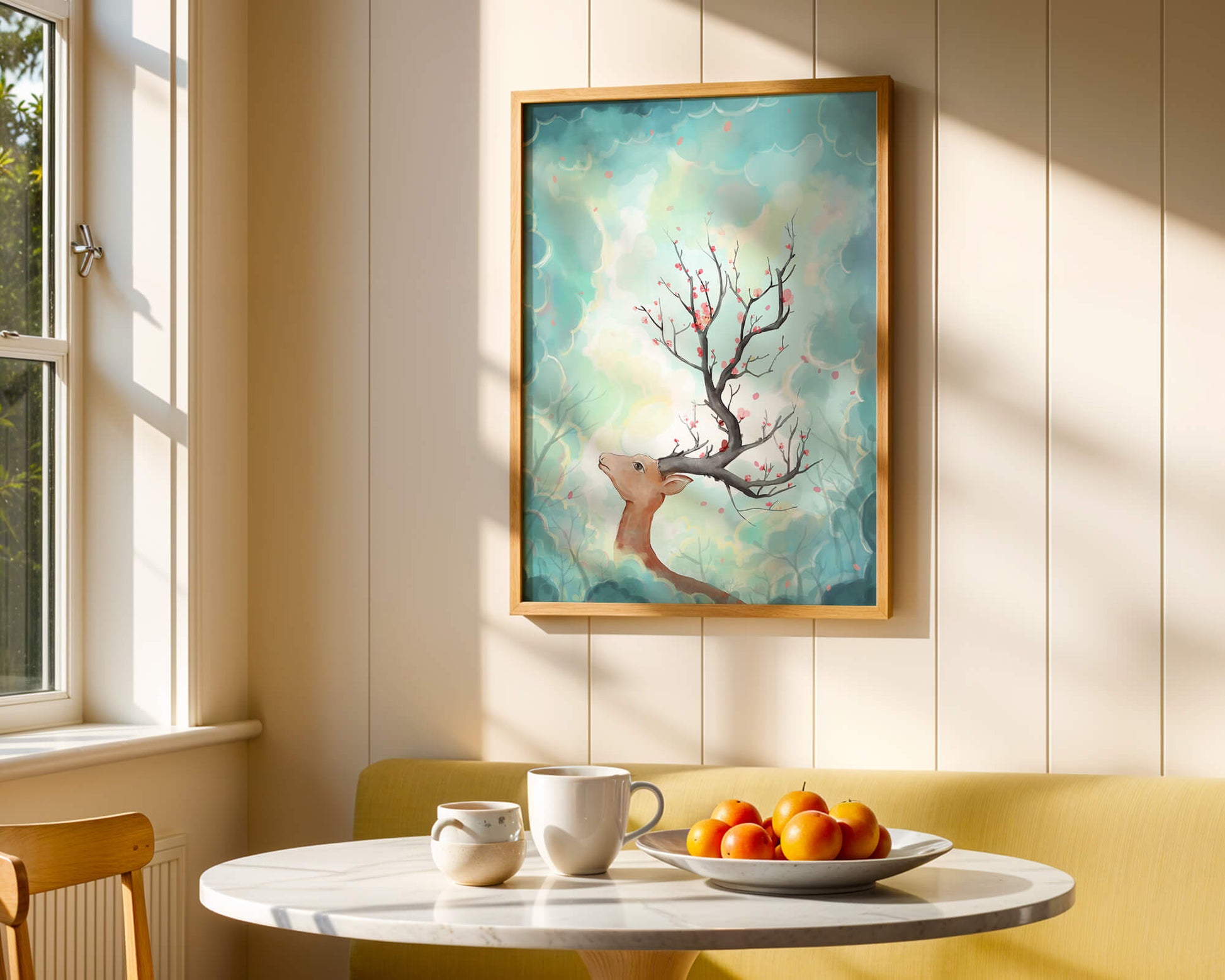 Surreal deer with branches for antlers in a pastel cloudy background