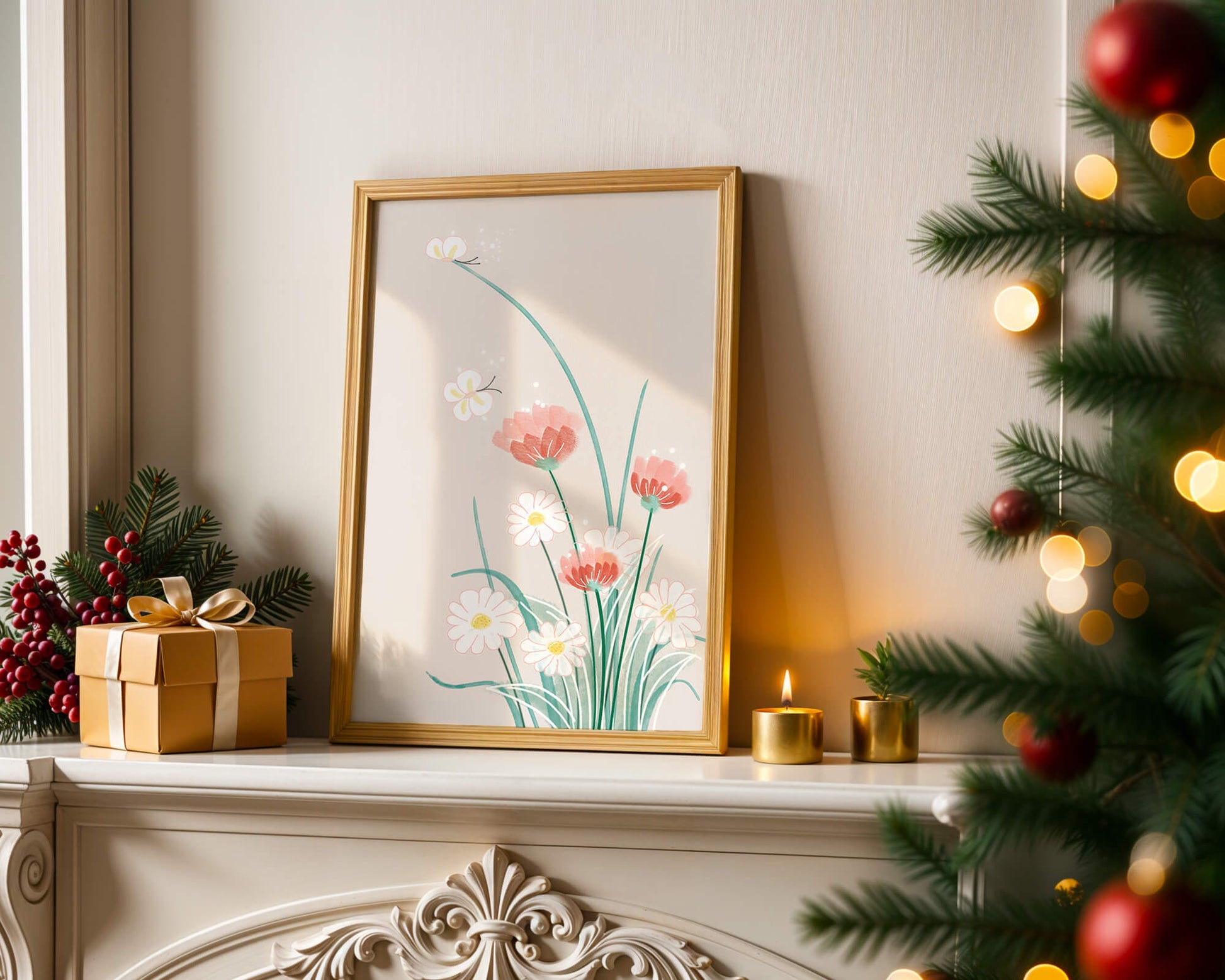 Delicate floral illustration with butterflies and wildflowers