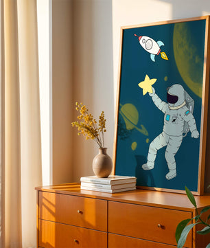 Astronaut Reaching for Star with Rocket and Planets in Space Scene - Mi tienda