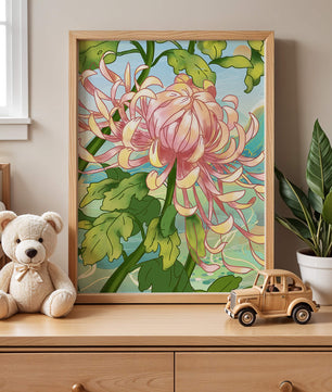Belle illustration florale avec chrysanthème et feuilles vertes