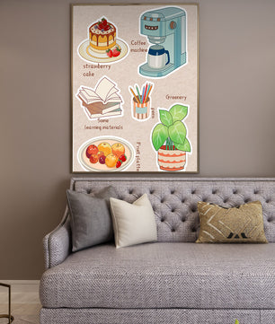 Elementos esenciales del hogar acogedor que incluyen pastel de fresa, cafetera y materiales de estudio